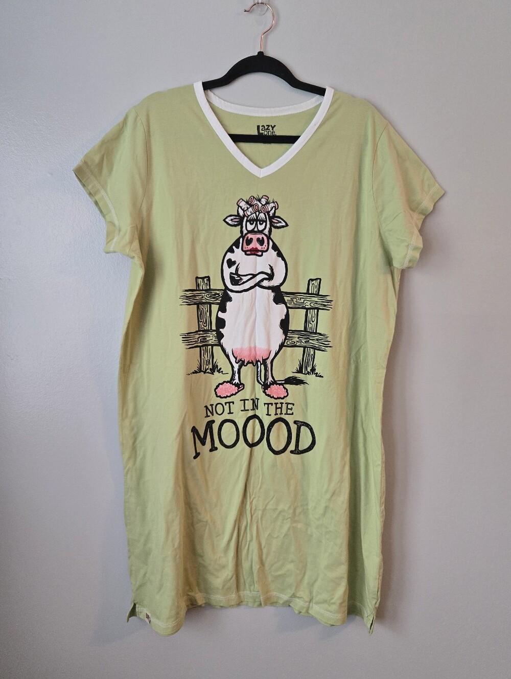 Lazy One Not In The Moood Cow Nightgown L/XL Green Cotton Sleep Shirt Sleepwear